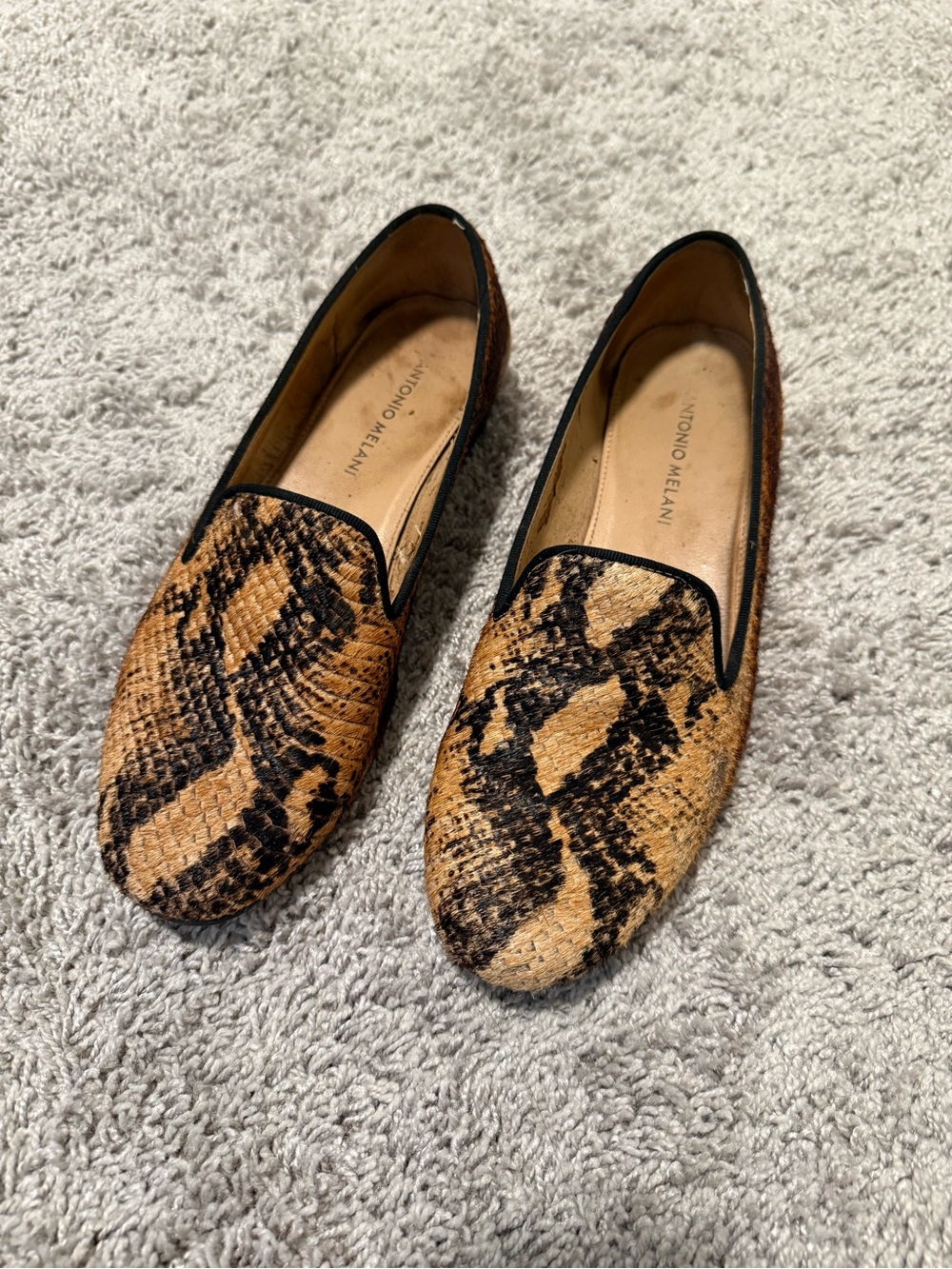 ANTONIO MELANI Snake-Print Slip-On Loafers in Tan and Black - 8.5